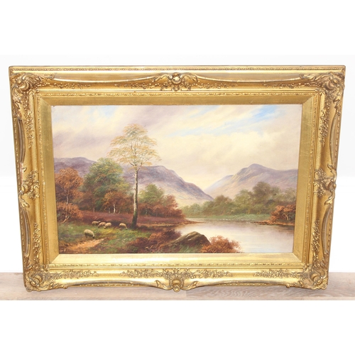 460K - F. Allen (XIX) 19th century oil on canvas of a mountainous landscape and loch scene with sheep, sign... 