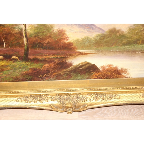 460K - F. Allen (XIX) 19th century oil on canvas of a mountainous landscape and loch scene with sheep, sign... 