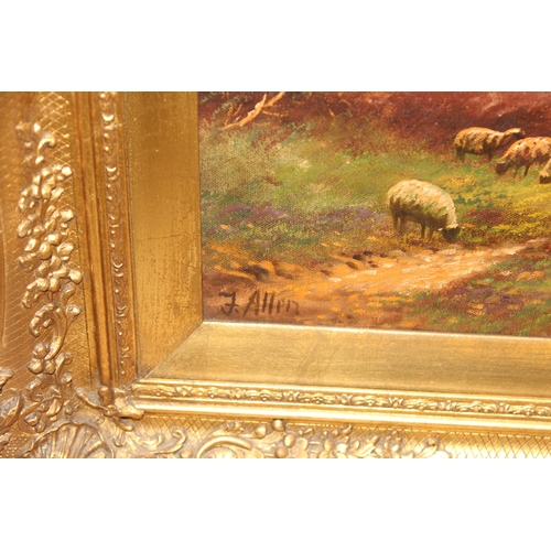 460K - F. Allen (XIX) 19th century oil on canvas of a mountainous landscape and loch scene with sheep, sign... 