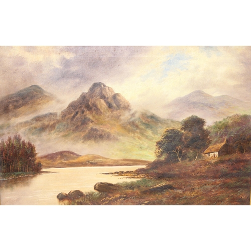 460L - J. Johnson (XIX), 19th century oil on canvas of a mountainous landscape and loch scene with sheep, s... 