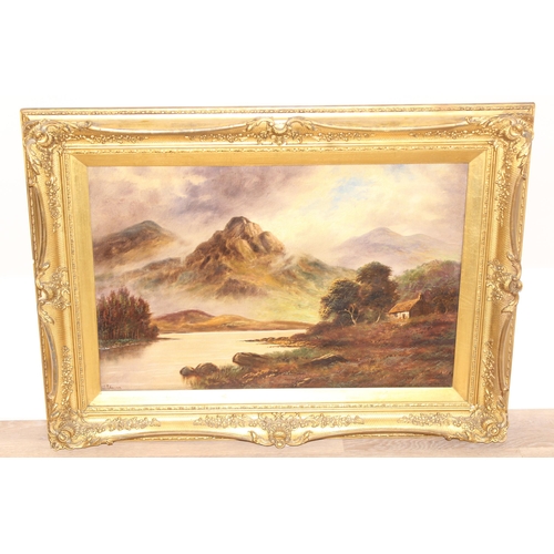 460L - J. Johnson (XIX), 19th century oil on canvas of a mountainous landscape and loch scene with sheep, s... 