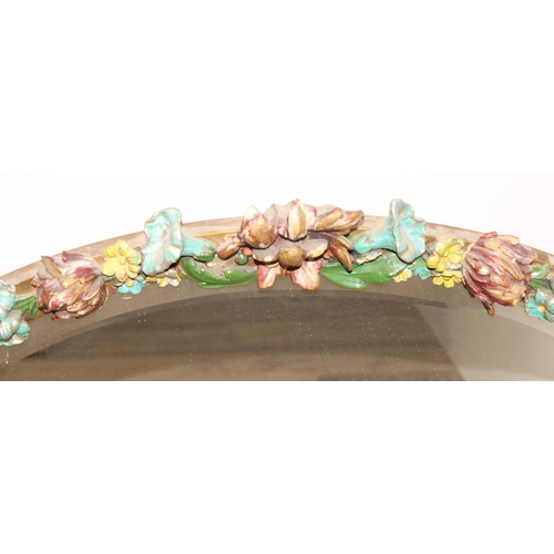 460m - A large vintage painted plaster floral relief decorated mirror, Barbola style, approx 80cm x 58cm