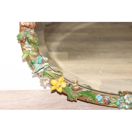 460m - A large vintage painted plaster floral relief decorated mirror, Barbola style, approx 80cm x 58cm