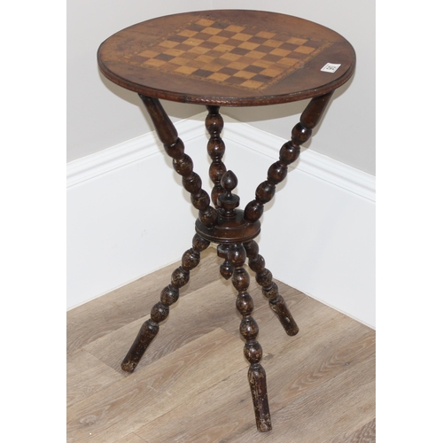 90 - A 19th century tripod chess table or fortune tellers table with inlaid chess board top and bobbin tu... 