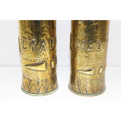 1416 - Pair of French WWI trench art shell cases with details for Craonne, France, each approx 35cm