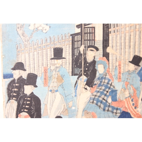 450F - Utagawa Sadahide (Japanese 1807-1873), triptych Japanese woodblock print entitled 