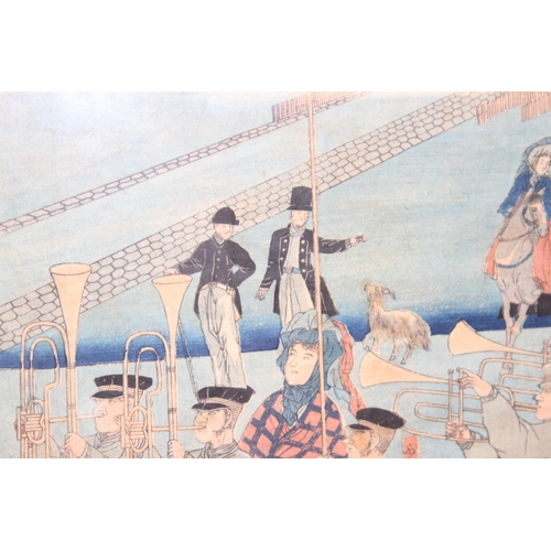 450F - Utagawa Sadahide (Japanese 1807-1873), triptych Japanese woodblock print entitled 