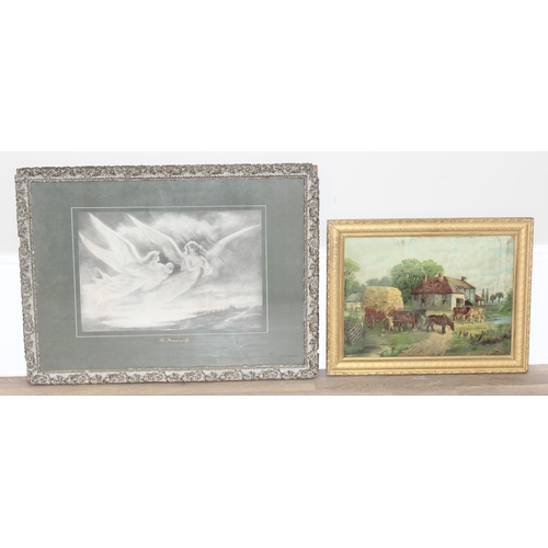 450Y - 2 vintage prints to incl 'The Promise of Life' and another of a farm scene, both framed, largest app... 