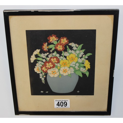 409 - John Paul Thorpe (XX), a vintage woodcut print of flowers in vase, signed in pencil by the artist, a... 