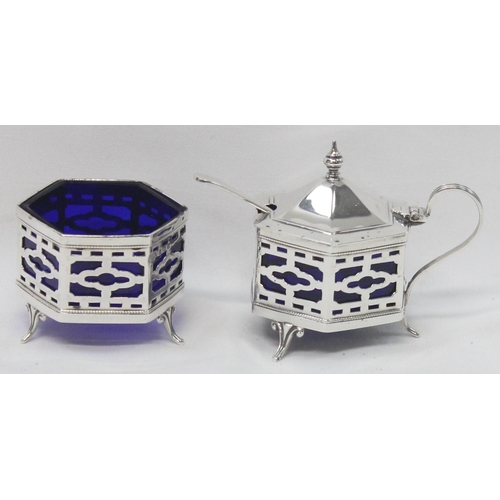 1066 - An antique silver 3 piece cruet set of hexagonal form, marked for Birmingham 1924 by Alexander Clark... 