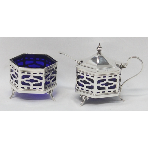 1066 - An antique silver 3 piece cruet set of hexagonal form, marked for Birmingham 1924 by Alexander Clark... 