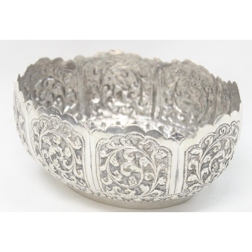 1070 - A highly decorative Anglo-Indian or Burmese silver bowl with embossed decoration, unmarked but XRF t... 