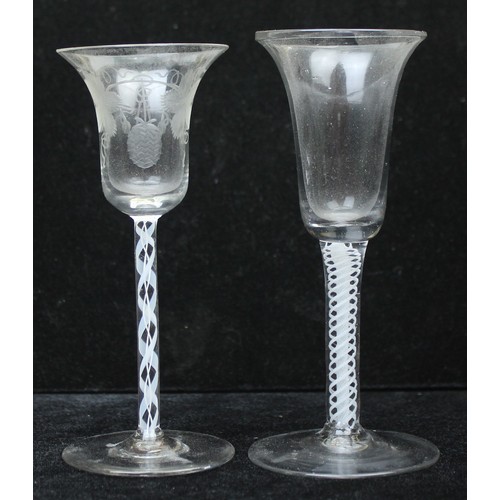 1605 - 2 18th century Georgian period drinking glasses to incl an engraved bell-shaped bowl wine glass, wit... 