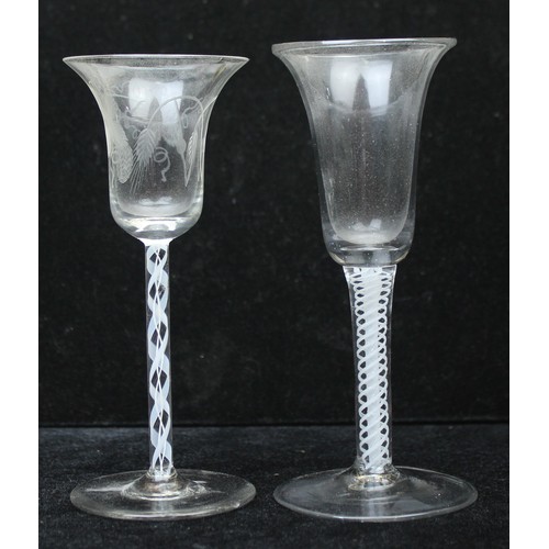 1605 - 2 18th century Georgian period drinking glasses to incl an engraved bell-shaped bowl wine glass, wit... 