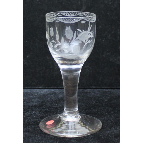 1611 - A Georgian period Ogee bowl-plain stemmed liqueur glass, with delicate engraved decoration of Roses ... 