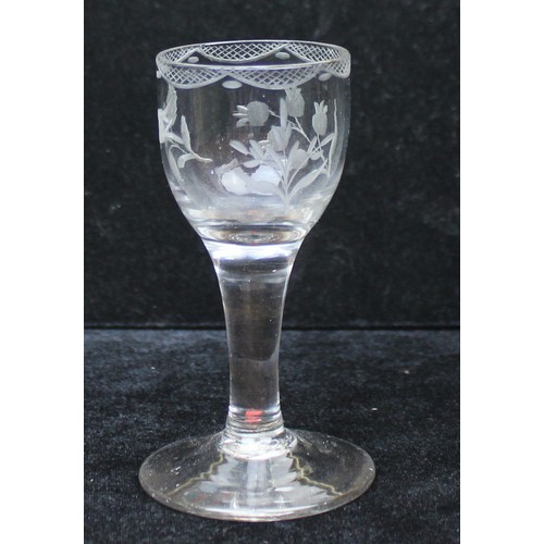 1611 - A Georgian period Ogee bowl-plain stemmed liqueur glass, with delicate engraved decoration of Roses ... 