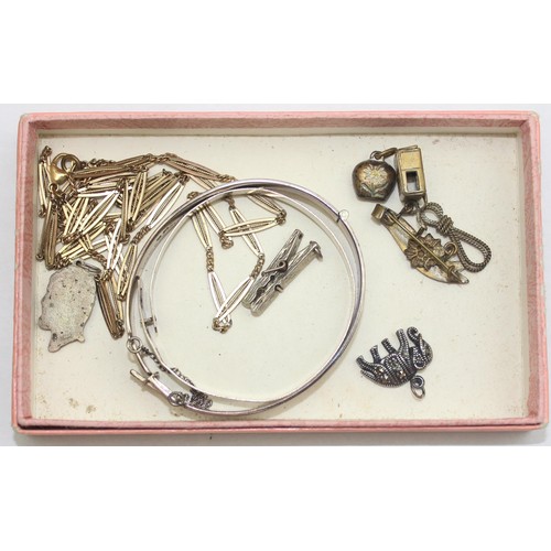 1107 - Qty of assorted mixed jewellery to inc 2 vintage silver cuff bangles, a silver rose brooch, Ronson l... 