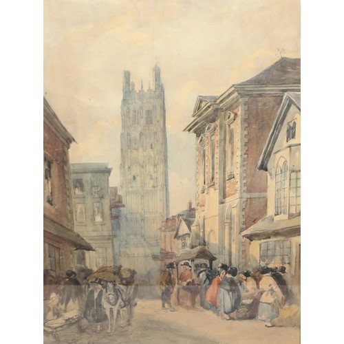 449 - Large antique watercolour street scene in gilt frame of Hope Street, Wrexham, Wales, approx 83cm x 6... 