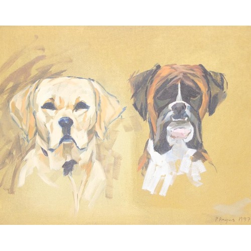 450 - Prue Angus (XX-XXI, Scottish), oil on canvas of a Labrador and Boxer dog, signed lower right and dat... 