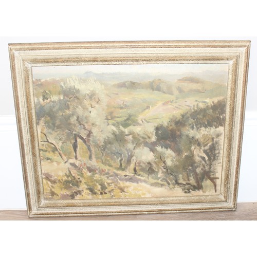 436 - Mid-century oil on canvas of a valley landscape scene in the manner of Robert Buhler (Swiss 1918-198... 