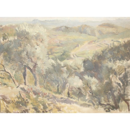 436 - Mid-century oil on canvas of a valley landscape scene in the manner of Robert Buhler (Swiss 1918-198... 