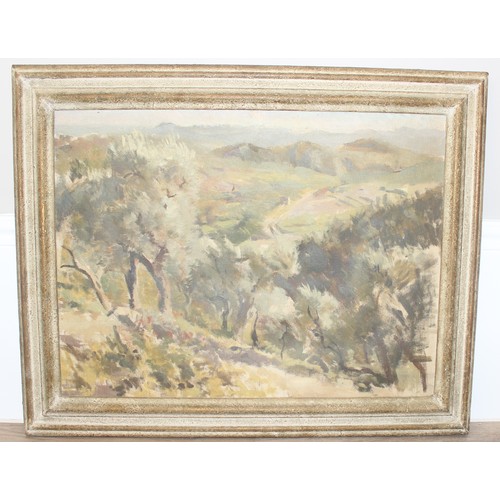 436 - Mid-century oil on canvas of a valley landscape scene in the manner of Robert Buhler (Swiss 1918-198... 