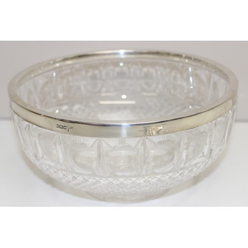 1040 - An antique silver rimmed cut glass bowl, Sheffield 1913 by Walker & Hall, approx 23cm in diameter, a... 