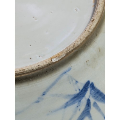 1570 - Antique Chinese Prunus Blossom blue and white charger, approx 34.5cm diam