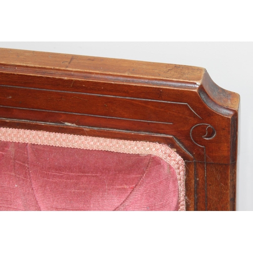 104 - Antique button back mahogany framed salon sofa with pink upholstery and carved details, approx 193 x... 