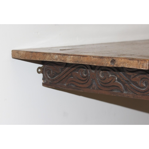 179 - Vintage heavily carved oak wall mounted console table with pedestal base, approx 137 x 41 x 74cm