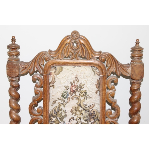 50 - Pair of French Renaissance style carved light oak arm chairs with tapestry upholstery, 61 x 56 x 116... 