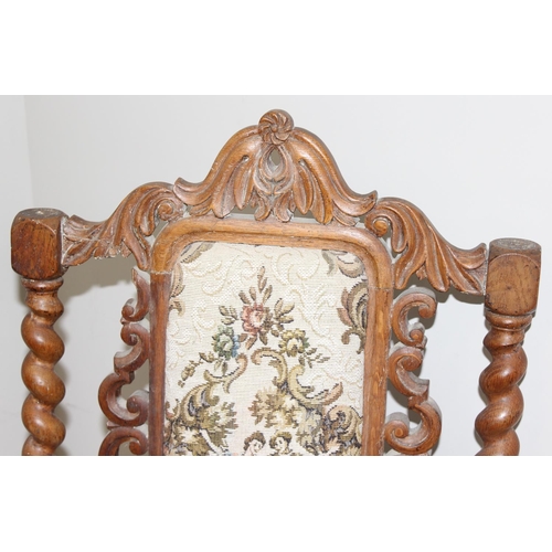 50 - Pair of French Renaissance style carved light oak arm chairs with tapestry upholstery, 61 x 56 x 116... 