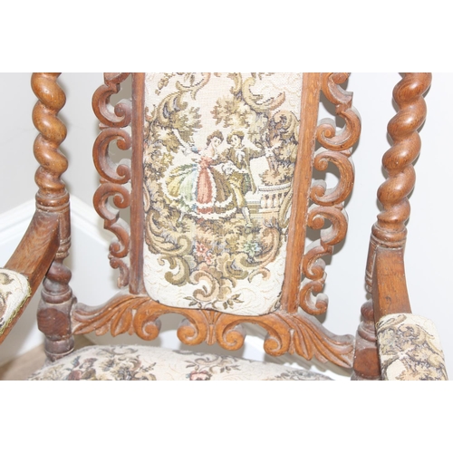 50 - Pair of French Renaissance style carved light oak arm chairs with tapestry upholstery, 61 x 56 x 116... 