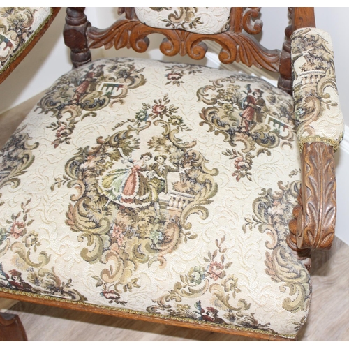 50 - Pair of French Renaissance style carved light oak arm chairs with tapestry upholstery, 61 x 56 x 116... 