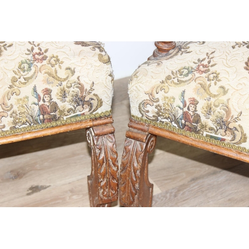 50 - Pair of French Renaissance style carved light oak arm chairs with tapestry upholstery, 61 x 56 x 116... 