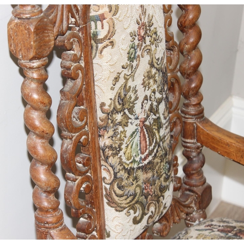 50 - Pair of French Renaissance style carved light oak arm chairs with tapestry upholstery, 61 x 56 x 116... 