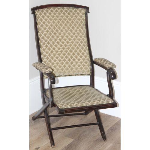 102 - Antique mahogany folding campaign chair with Art Deco fish scale pattern upholstery