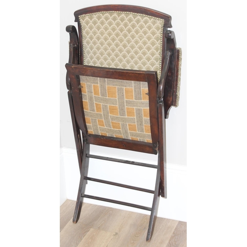 102 - Antique mahogany folding campaign chair with Art Deco fish scale pattern upholstery