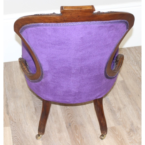 180 - Antique mahogany framed nursing chair with button-backed purple upholstery and carved details, appro... 