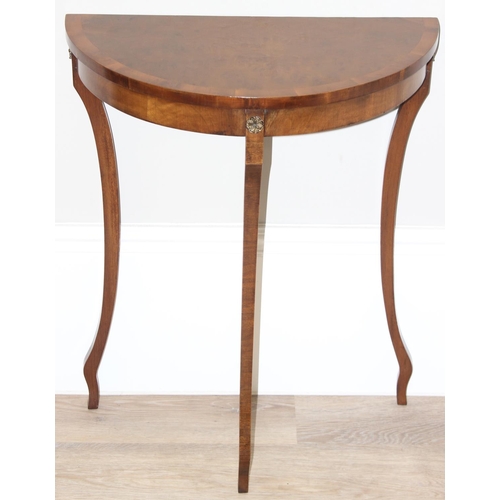 15 - Edwardian mahogany demi-lune table of small proportions with thin shaped legs, approx 59 x 30 x 77cm