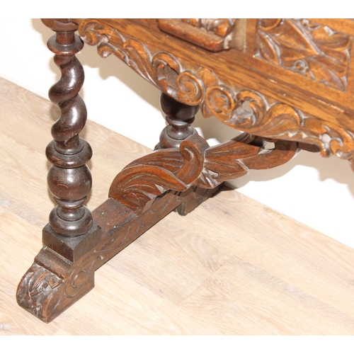 1 - Jacobean style carved oak hall table with barley-twist legs and 2 drawers, approx 110 x 46 x 77cm