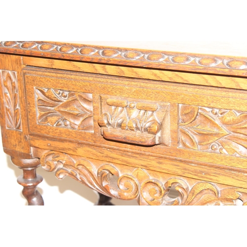 1 - Jacobean style carved oak hall table with barley-twist legs and 2 drawers, approx 110 x 46 x 77cm