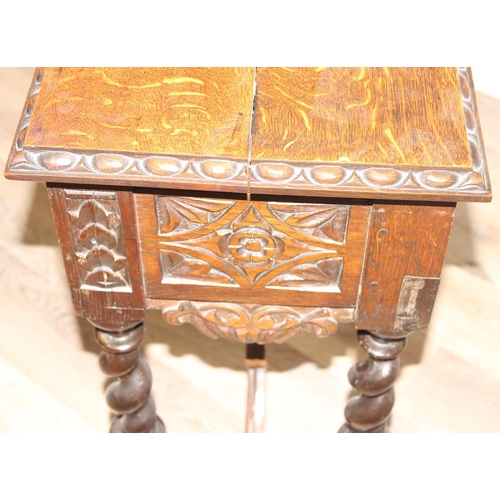 1 - Jacobean style carved oak hall table with barley-twist legs and 2 drawers, approx 110 x 46 x 77cm