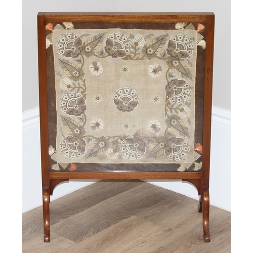 51 - Early 20th century mahogany glazed fire-screen with embroidered panel, approx 55cm wide x 72cm tall