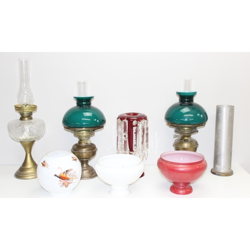 235 - Qty of assorted vintage oil lamps, shades and parts to inc a 19th century ruby glass lustre