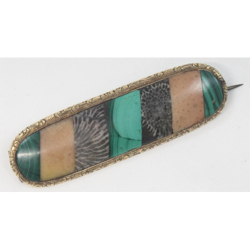 1158 - A 19th century Scottish specimen stone brooch with gilt metal mount, various coloured agates to inc ... 