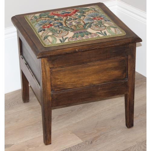 70 - A vintage sewing box table or stool with upholstered top and contents, an unusual early 20th century... 