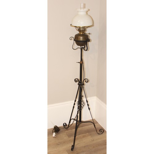 237 - Pair of vintage turned wooden table lamps with shades, approx 58cm and an antique wrought iron stand... 