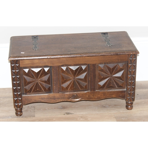 6 - A vintage oak trunk or coffer with unusual carved geometric design, approx 83cm wide x 37cm deep x 4... 