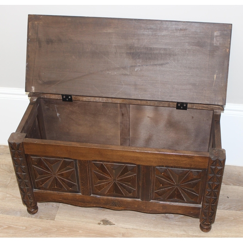 6 - A vintage oak trunk or coffer with unusual carved geometric design, approx 83cm wide x 37cm deep x 4... 